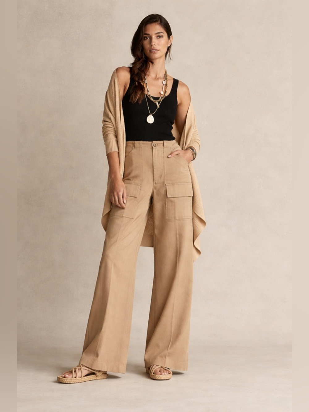 Polo Ralph Lauren Khaki Wide Leg Cargo Pants Safari Modern Polished Quiet Luxury
